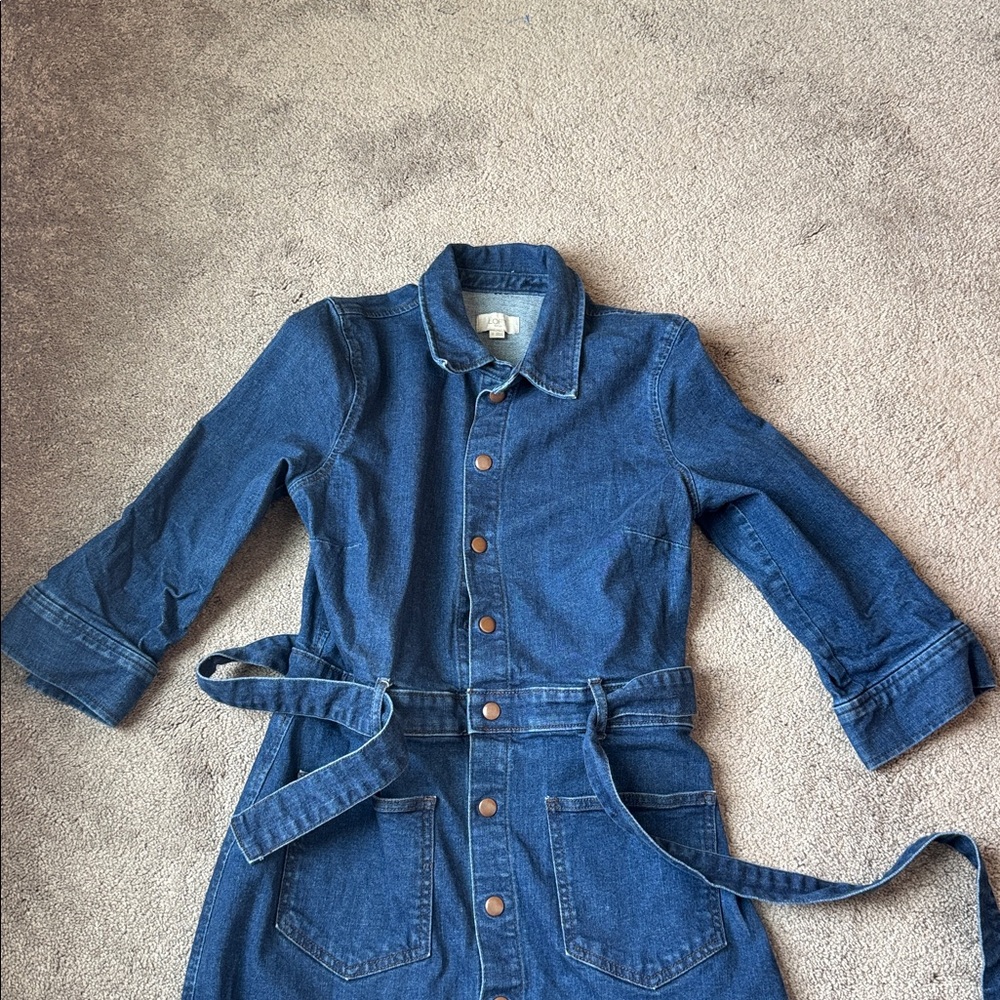 LOFT Blue Denim Shirt Dress Button Front Belted Pockets SIZE 10 - Picture 2 of 7